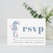 Seahorse, seaweed dusty blue, blush strand bruilof RSVP kaartje (Staand voorkant)