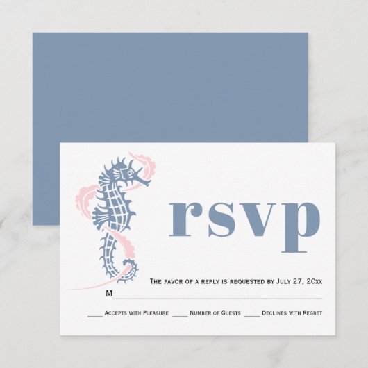 Seahorse, seaweed dusty blue, blush strand bruilof RSVP kaartje (Voorkant / Achterkant)