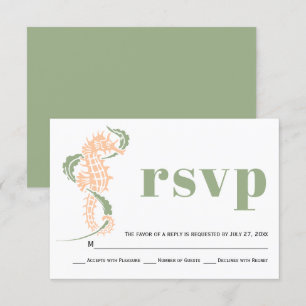 Seahorse, seaweed sage green, peach strand bruilof RSVP kaartje