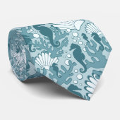 Seahorse Shell Coral Pattern Blauwgroen Stropdas (Opgerold)