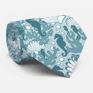 Seahorse Shell Coral Pattern Blauwgroen Stropdas