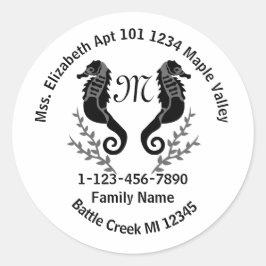 Seahorse Silhouet Monogram Familie Thuis Adres Ronde Sticker