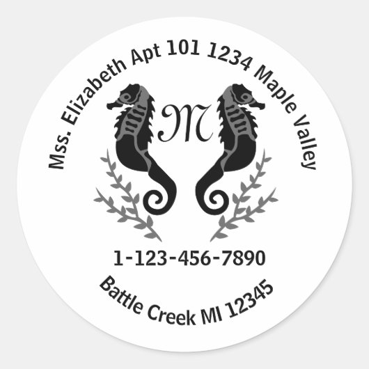 Seahorse Silhouette Monogram Telefoon Contactinfo  Ronde Sticker (Voorkant)