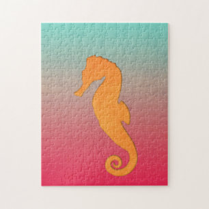 Seahorse silhouette oranje turquoise simpel legpuzzel