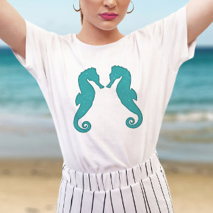 Seahorse silhouettes Aqua Blue Simple nautical T-shirt