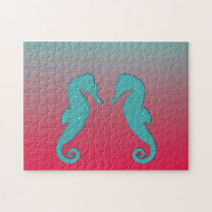 Seahorse silhouettes Turquoise aqua Nautical Legpuzzel