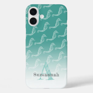 Seahorse Skeleton Pattern Zee Green Monogram Name iPhone 16 Plus Hoesje