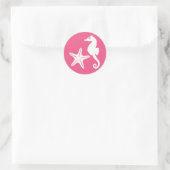 Seahorse & Starfish, Fuchsia Pink en White Ronde Sticker (Tas)