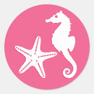 Seahorse & Starfish, Fuchsia Pink en White Ronde Sticker
