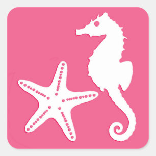 Seahorse & Starfish, Fuchsia Pink en White Vierkante Sticker