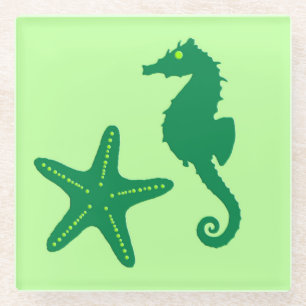 Seahorse & starfish - limoen and emerald green glazen onderzetter
