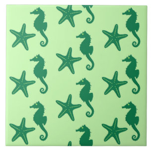 Seahorse & starfish - limoen and emerald green tegeltje