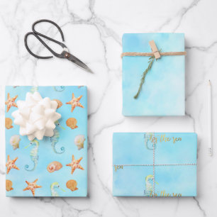Seahorse Starfish Shells Peach Aqua Ocean     Inpakpapier Vel