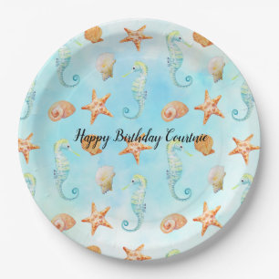Seahorse Starfish Shells Peach Aqua Ocean Papieren Bordje