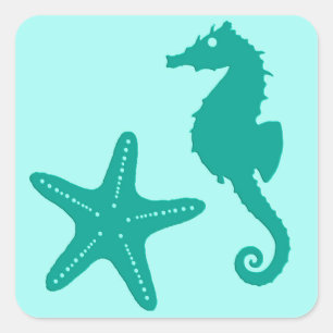 Seahorse & Starfish, Turquoise en Aqua Vierkante Sticker