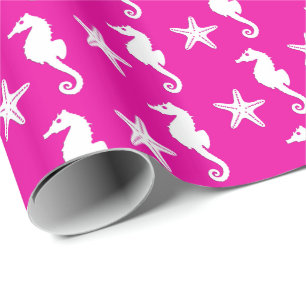 Seahorse & starfish - white on fuchsia roze cadeaupapier