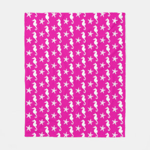 Seahorse & starfish - white on fuchsia roze fleece deken