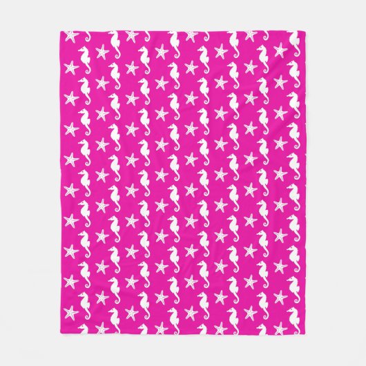 Seahorse & starfish - white on fuchsia roze fleece deken (Voorkant)