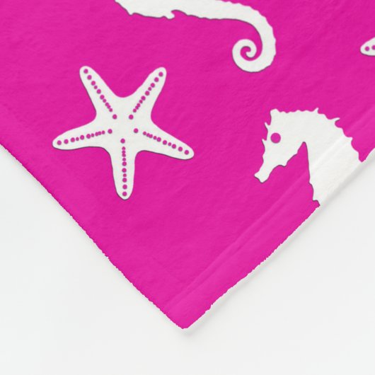 Seahorse & starfish - white on fuchsia roze fleece deken (Hoek)