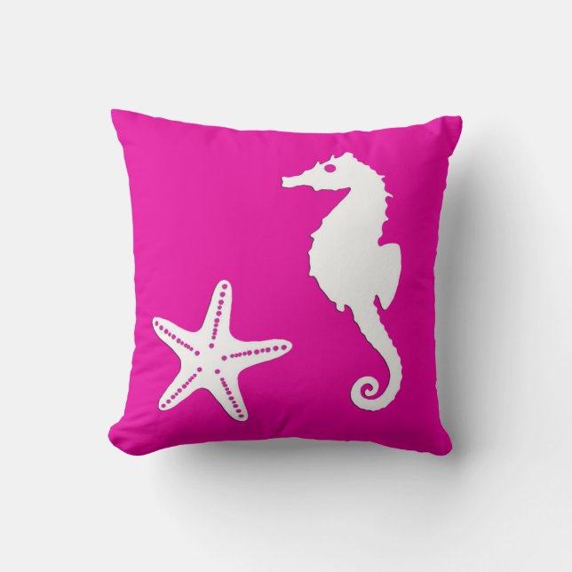 Seahorse & starfish - white on fuchsia roze kussen (Voorkant)