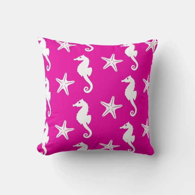 Seahorse & starfish - white on fuchsia roze kussen (Voorkant)