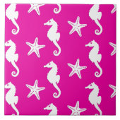 Seahorse & starfish - white on fuchsia roze tegeltje (Voorkant)