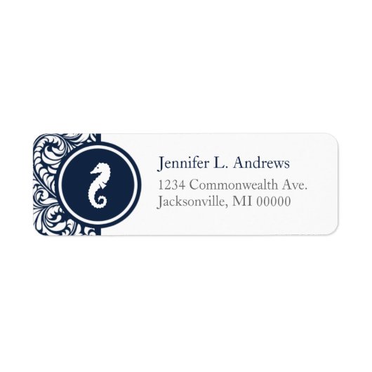 Seahorse Theme Navy Damask Return Address Labels (Voorkant)