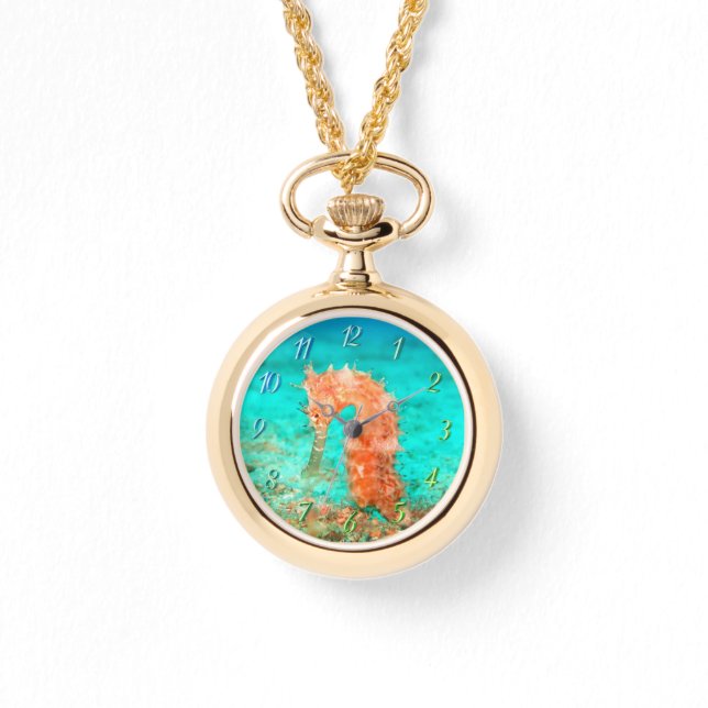 Seahorse tropical carribean turquoise orange  horloge (Voorkant)