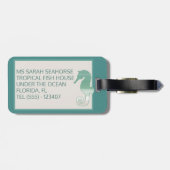 Seahorse Tropical Fish Monogram Blauwgroen Bagagel Bagagelabel (Achterkant horizontaal)