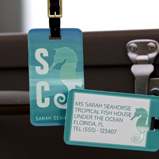 Seahorse Tropical Fish Monogram Blauwgroen Bagagel Bagagelabel