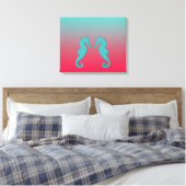 Seahorse turquoise aqua silhouettes Nautical stran Canvas Afdruk (Insitu (Slaapkamer))