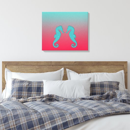 Seahorse turquoise aqua silhouettes Nautical stran Canvas Afdruk (Insitu (Slaapkamer))
