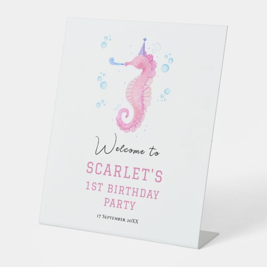 Seahorse Under the sea first birthday tabletop Reclamebord Met Voetstuk (Voorkant)