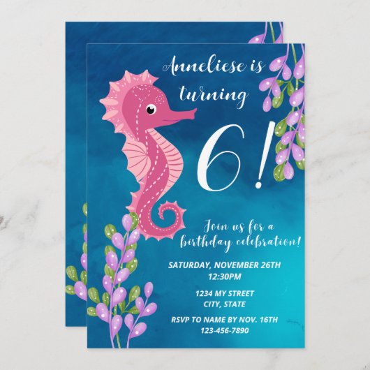 Seahorse verjaardagsuitnodiging kaart (Voorkant / Achterkant)