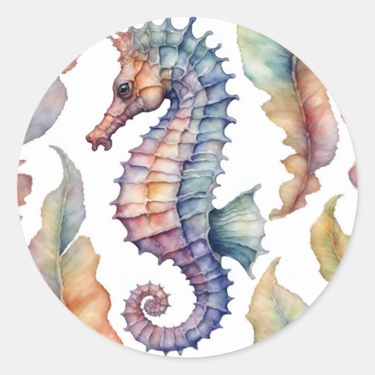 Seahorse Waterverf Kustinrichting Ronde Sticker (Voorkant)