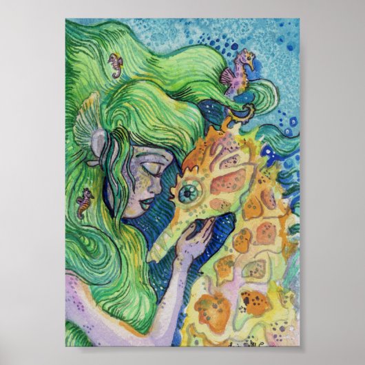 Seahorse Whisperer Mermaid waterverf art Poster (Voorkant)