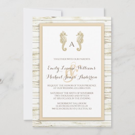 Seahorse Whitewash Wood Beach Wedding Invitation Kaart (Voorkant)