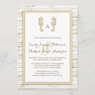 Seahorse Whitewash Wood Beach Wedding Invitation Kaart