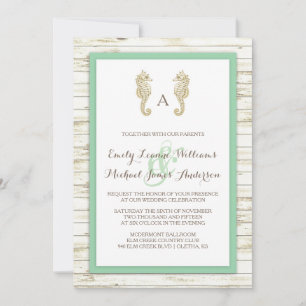 Seahorse Whitewash Wood Beach Wedding Invitation Kaart