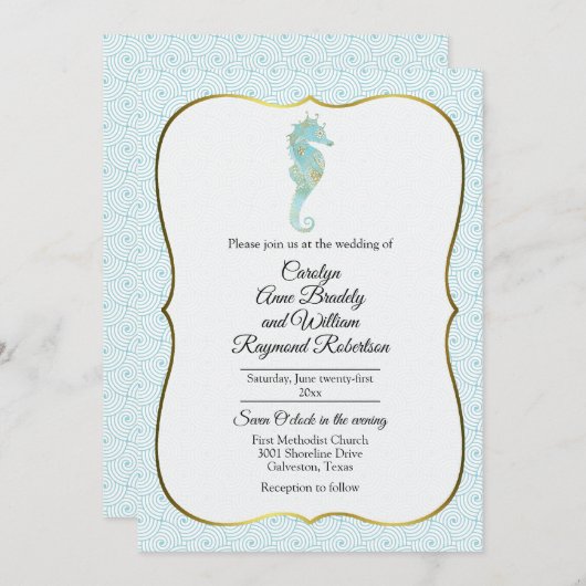 Seahorse with Aqua Wave Lijst Wedding Kaart (Voorkant / Achterkant)