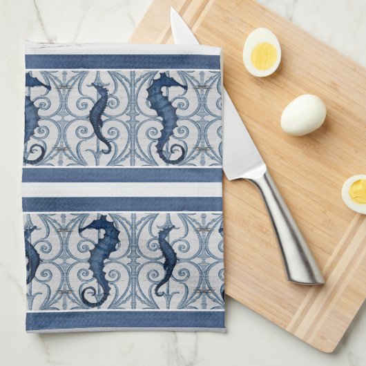 Seahorse Wood Scrolls Beach Home Decor Navy White Theedoek (Quarter Fold)