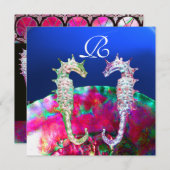 SEAHORSES BEACH WEDDING MONOGRAM, roze blauw zwart Kaart (Voorkant / Achterkant)