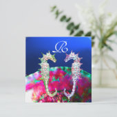 SEAHORSES BEACH WEDDING MONOGRAM, roze blauw zwart Kaart (Staand voorkant)