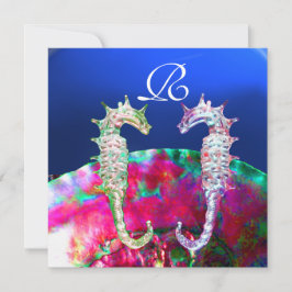 SEAHORSES BEACH WEDDING MONOGRAM, roze blauw zwart Kaart