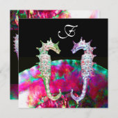 SEAHORSES BEACH WEDDING MONOGRAM, roze blauw zwart Kaart (Voorkant / Achterkant)