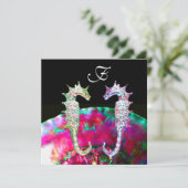 SEAHORSES BEACH WEDDING MONOGRAM, roze blauw zwart Kaart (Staand voorkant)
