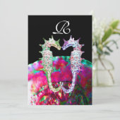SEAHORSES BEACH WEDDING MONOGRAM, roze blauw zwart Kaart (Staand voorkant)