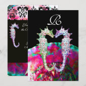 SEAHORSES BEACH WEDDING MONOGRAM, roze blauw zwart Kaart (Voorkant / Achterkant)