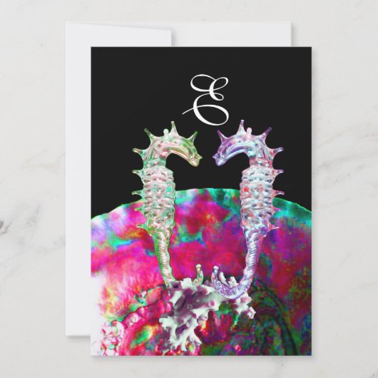 SEAHORSES BEACH WEDDING MONOGRAM, roze blauw zwart Kaart (Voorkant)