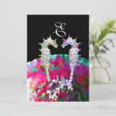 SEAHORSES BEACH WEDDING MONOGRAM, roze blauw zwart Kaart (Staand voorkant)